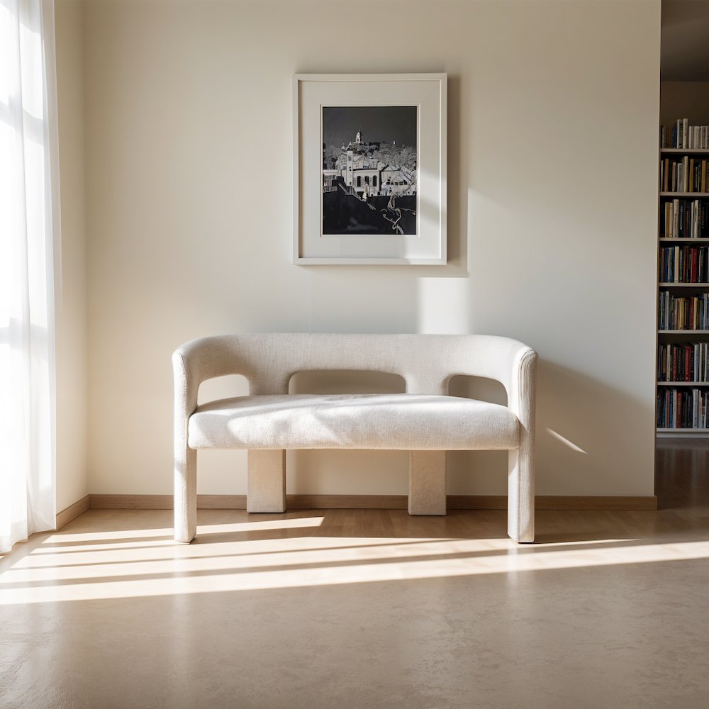 Elegant Brown Upholstered Sculpture Bench with Jacquard Fabric and Plywood Frame