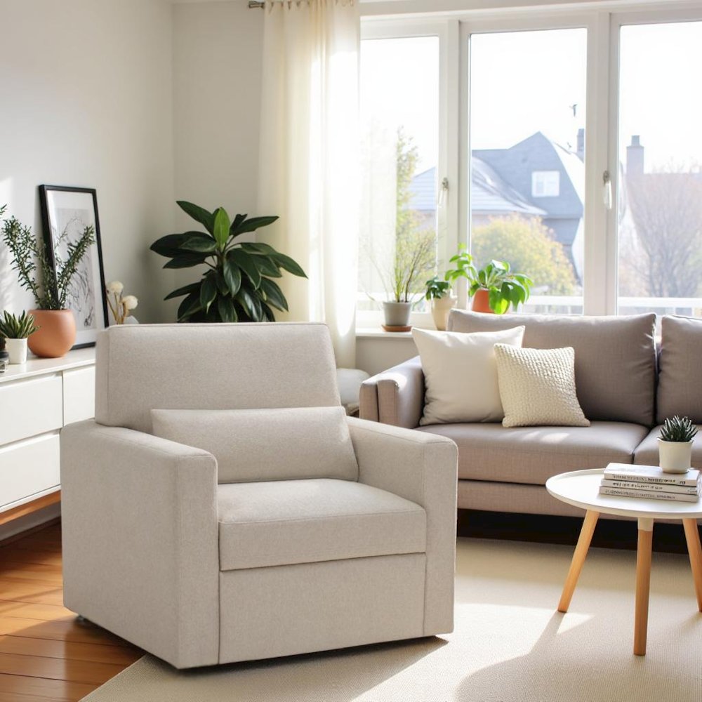 Modern Swivel 35-Inch Chair in Beige Boucle – Unique Chair for Bedroom Use