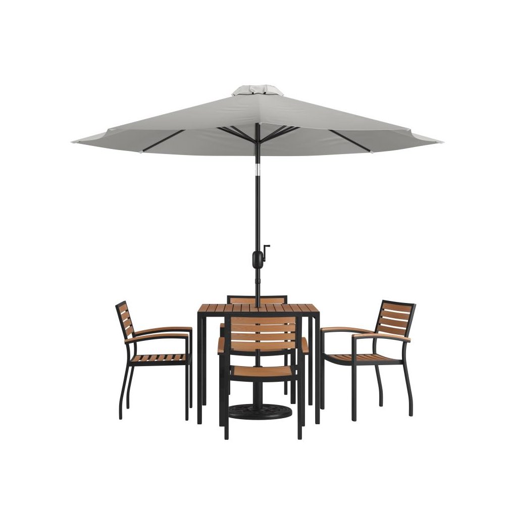 7 Piece Outdoor Patio Table Set with 4 Synthetic Teak Stackable Chairs, 35" Square Table, Gray Umbrella & Base