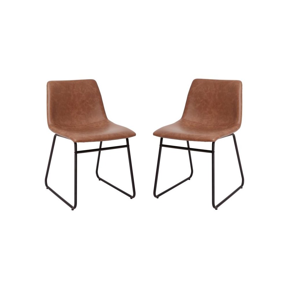 18 inch Dining Table Height Chair, Mid-Back Sled Base Dining Chair in Light Brown LeatherSoft with Black Frame, Set of 2