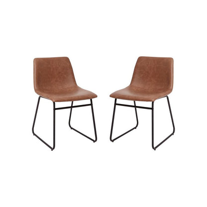 18 inch Dining Table Height Chair, Mid-Back Sled Base Dining Chair in Light Brown LeatherSoft with Black Frame, Set of 2
