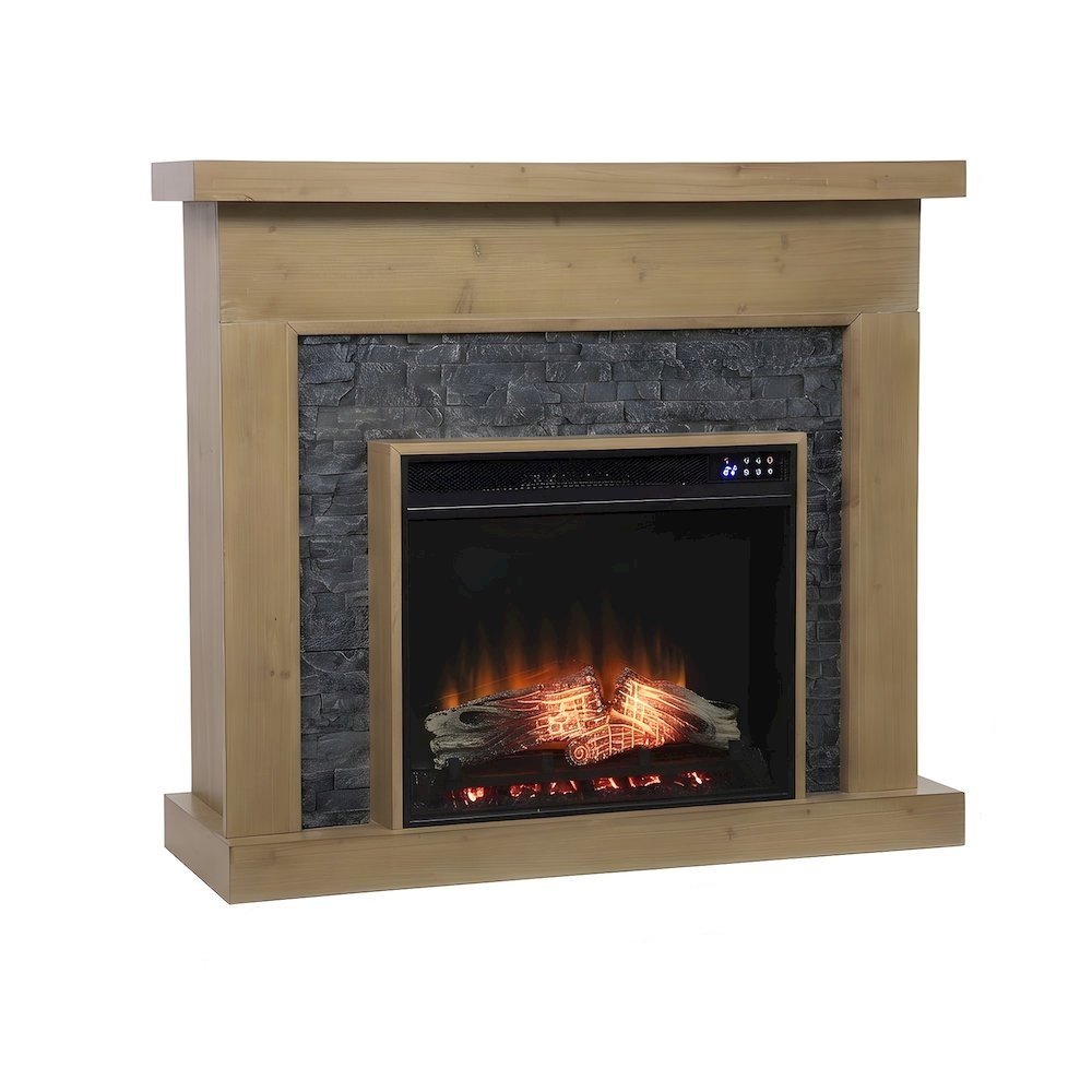 Fir Veneer Electric Fireplace with Faux Stone Surround and Touch Screen