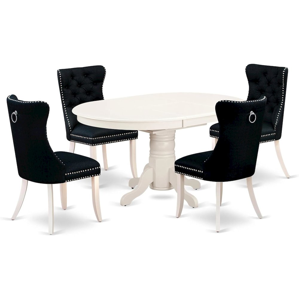 East West Furniture Avon 5 Piece Kitchen Set Consists of an Oval Dining Table with Butterfly Leaf and 4 Upholstered Chairs, 42x60 Inch, Linen White