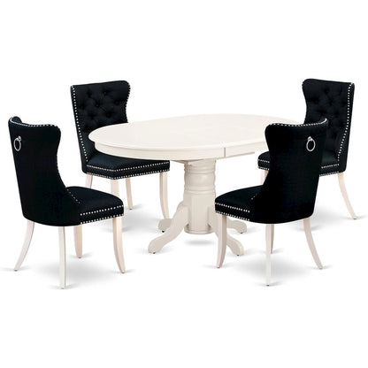 East West Furniture Avon 5 Piece Kitchen Set Consists of an Oval Dining Table with Butterfly Leaf and 4 Upholstered Chairs, 42x60 Inch, Linen White