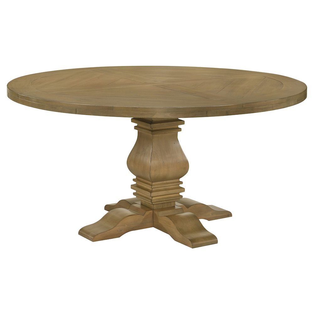 Rustic Smoke Round Pedestal Dining Table with Gold Finish for Dining Room