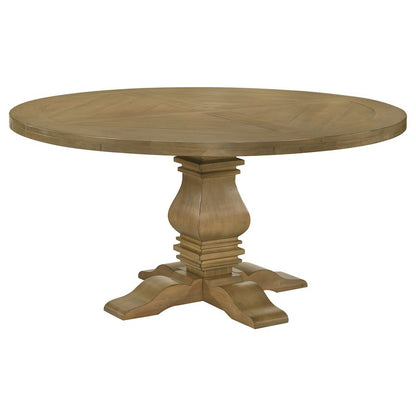 Rustic Smoke Round Pedestal Dining Table with Gold Finish for Dining Room