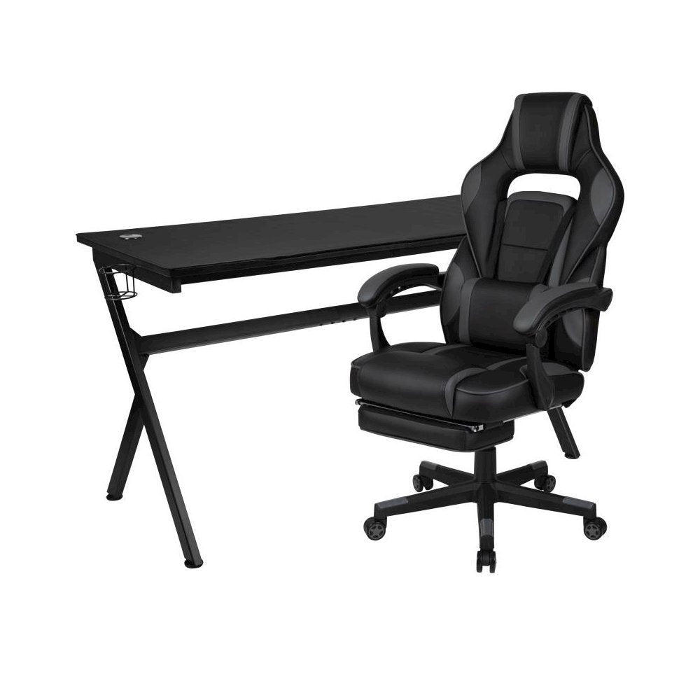 Gaming Desk with Cup Holder/Headphone Hook/Removable Mousepad Top & Black Reclining Back/Arms Gaming Chair with Footrest