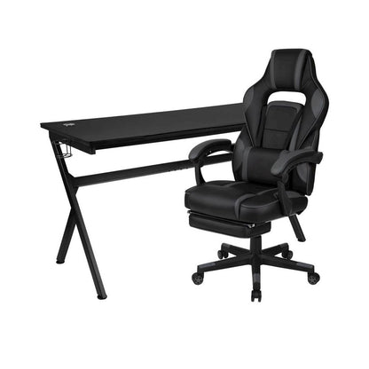 Gaming Desk with Cup Holder/Headphone Hook/Removable Mousepad Top & Black Reclining Back/Arms Gaming Chair with Footrest