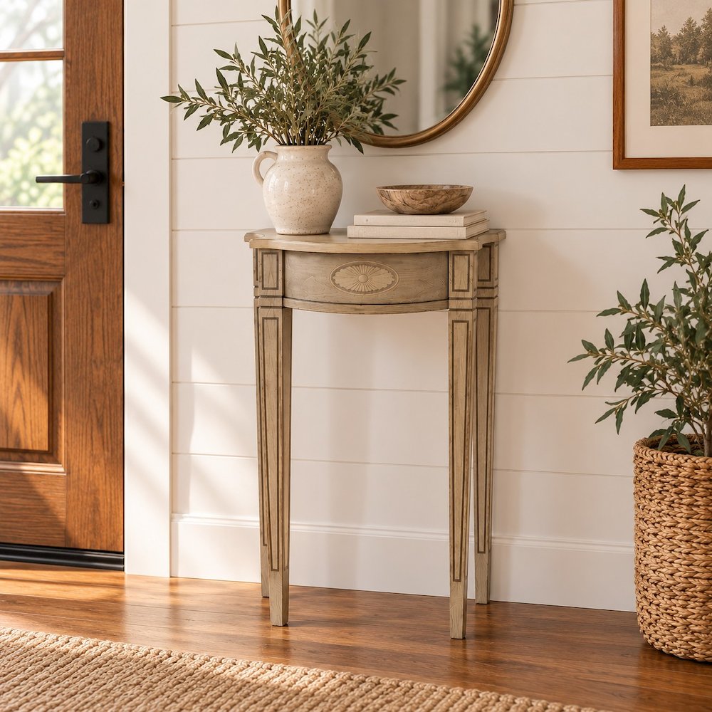 Solid Wood Demilune Console Table with Distressed Finish and Mortise Joinery