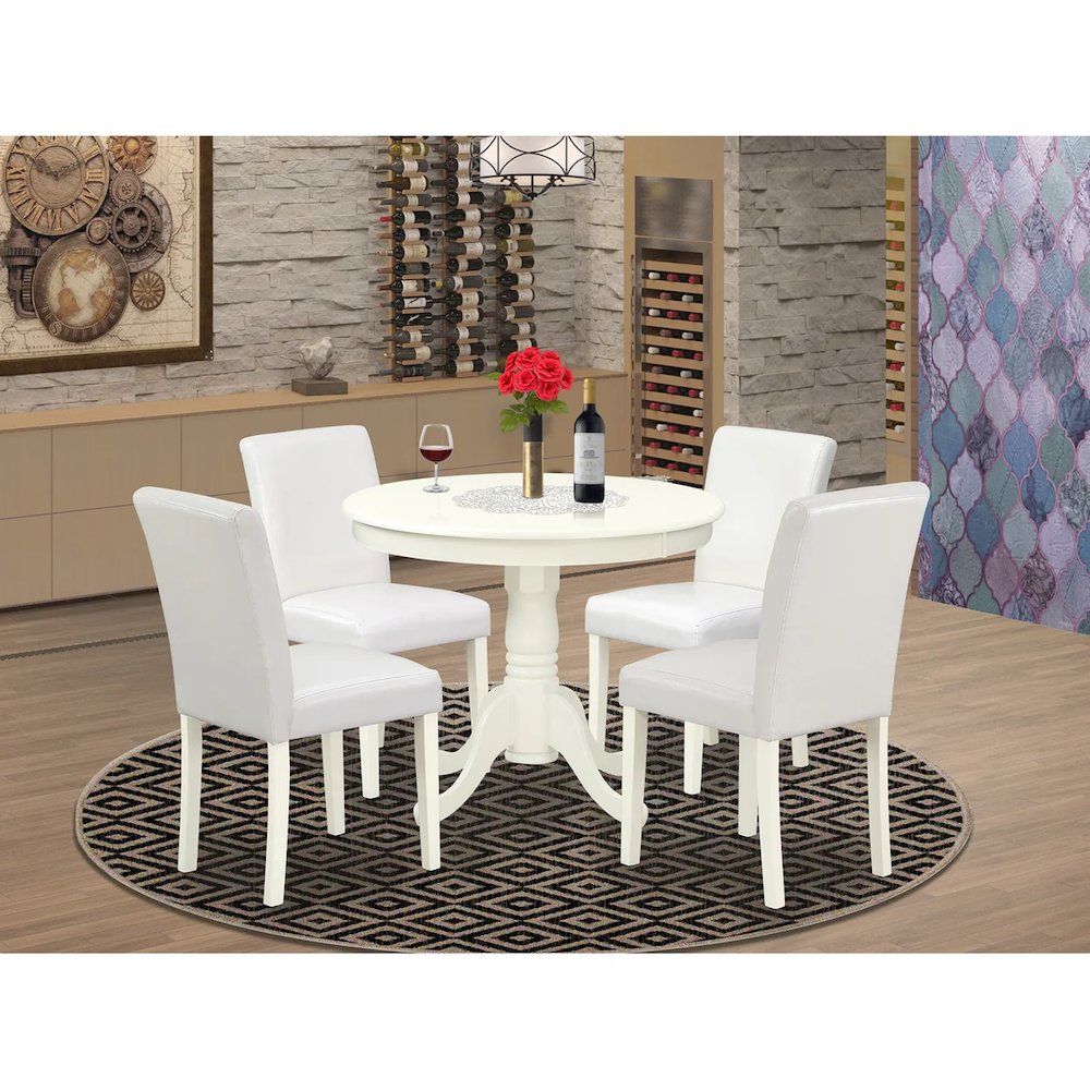 5 Piece Dining Room Table Set Includes a Round Kitchen Table with Pedestal and 4 White Faux Leather Upholstered Parson Chairs, Linen White