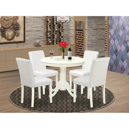 5 Piece Dining Room Table Set Includes a Round Kitchen Table with Pedestal and 4 White Faux Leather Upholstered Parson Chairs, Linen White