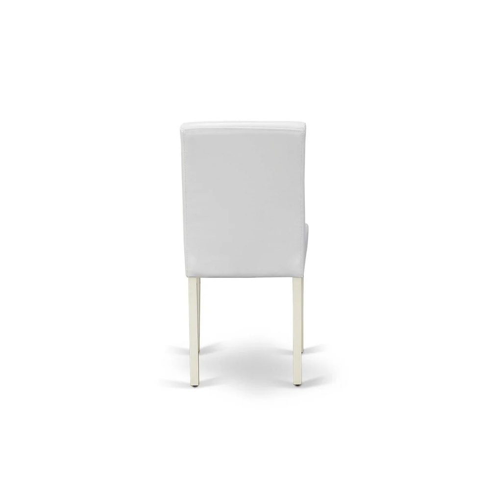 5 Piece Dining Room Table Set Includes a Round Kitchen Table with Pedestal and 4 White Faux Leather Upholstered Parson Chairs, Linen White