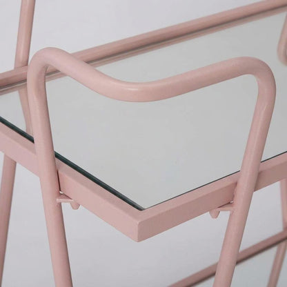 Pink Mid-Century Bar Cart with Glass Shelves and Iron Frame