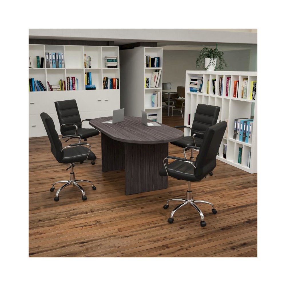 5 Piece Rustic Gray Oval Conference Table Set with 4 Black and Chrome LeatherSoft Executive Chairs