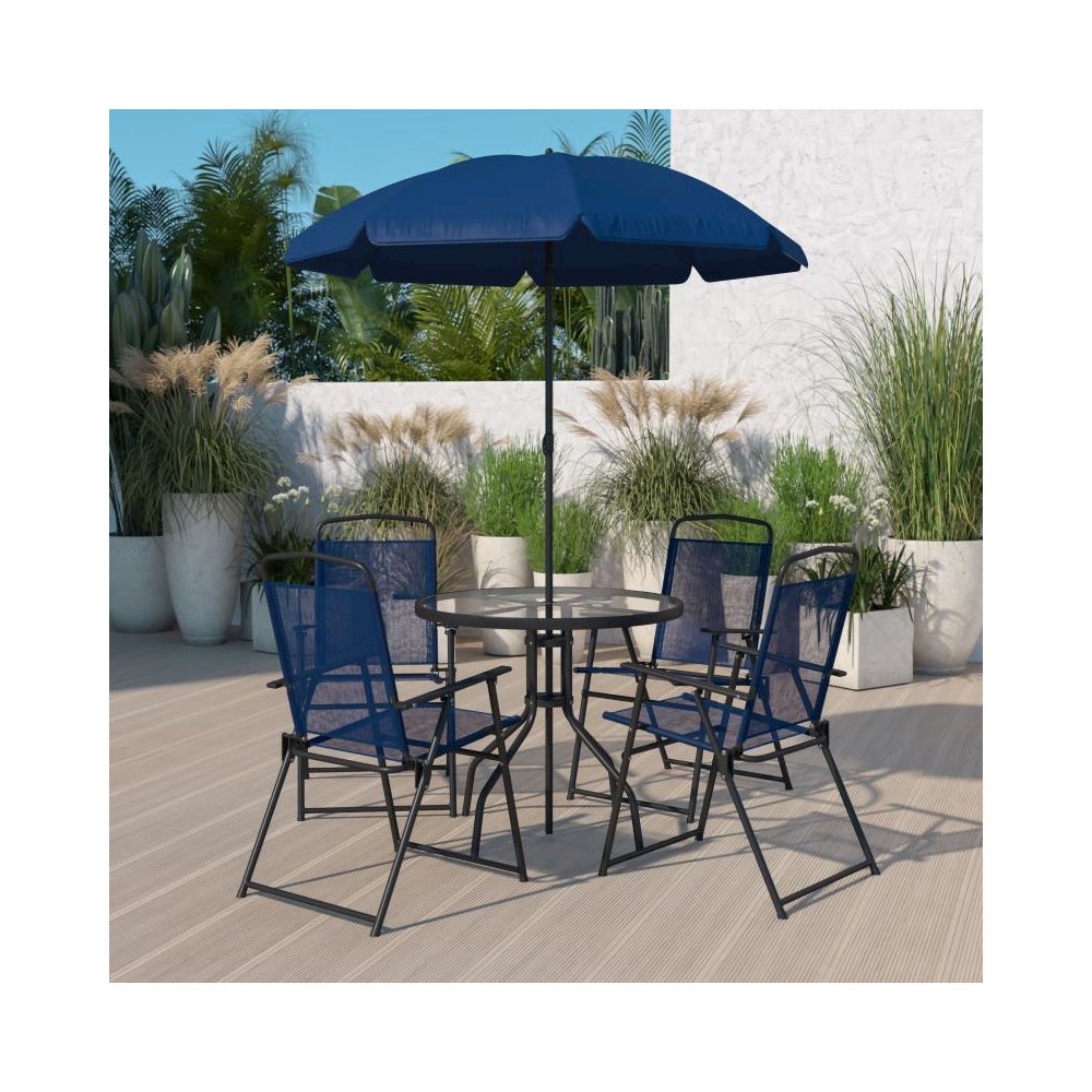 6 Piece Navy Patio Garden Set with Umbrella Table and Set of 4 Folding Chairs