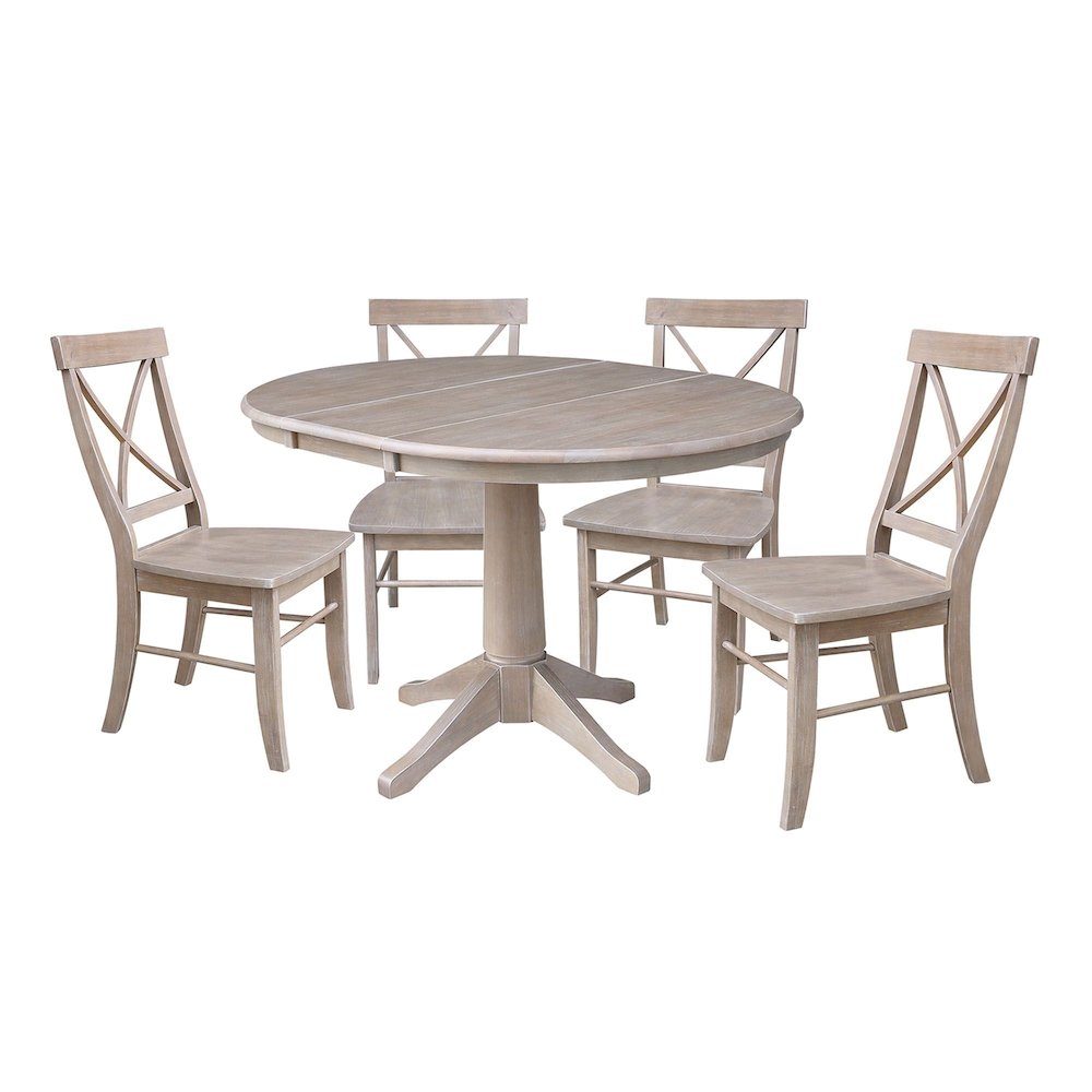 36" Round Extension Dining Table with Four Chairs, Washed Gray Taupe- 78819