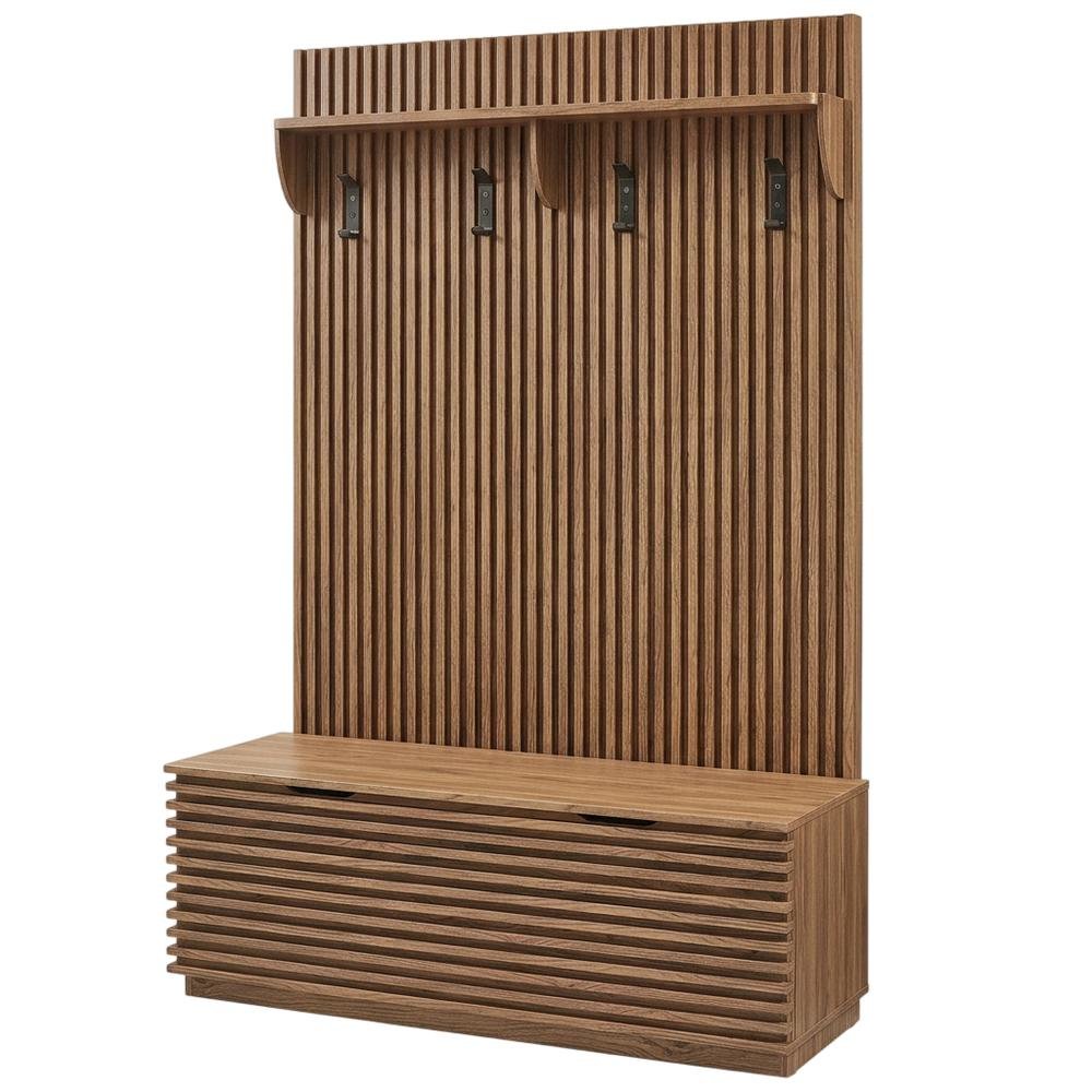 Fluted Hall Tree with Storage Bench, Coat Rack & Shoe Storage, Entryway, Walnut