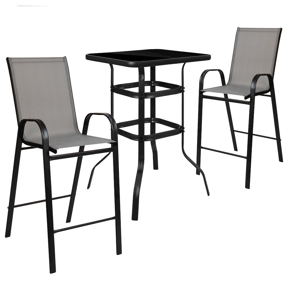 Outdoor Dining Set - 2-Person Bistro Set - Outdoor Glass Bar Table with Gray All-Weather Patio Stools