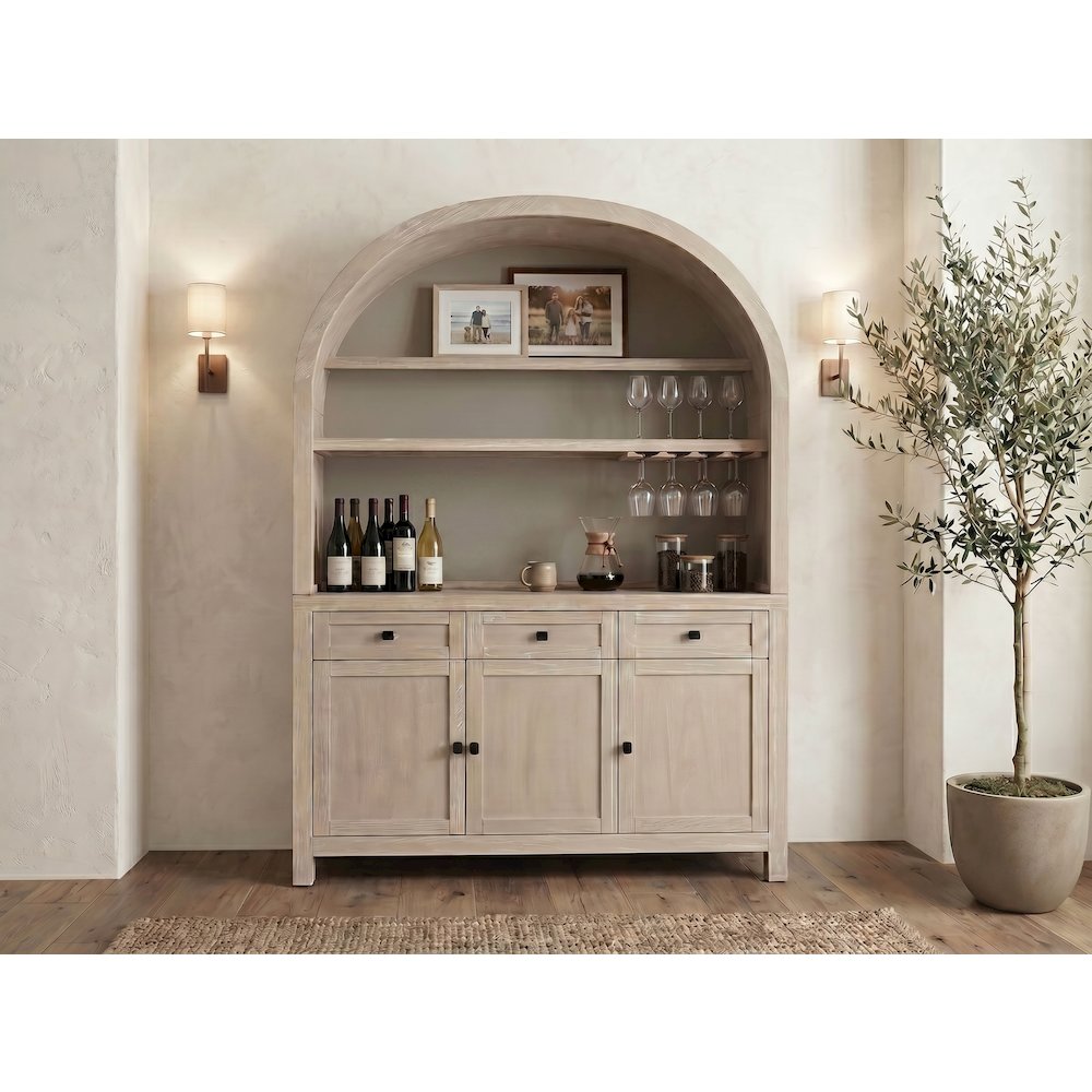 Arched Wood Bar Hutch with Glass Storage