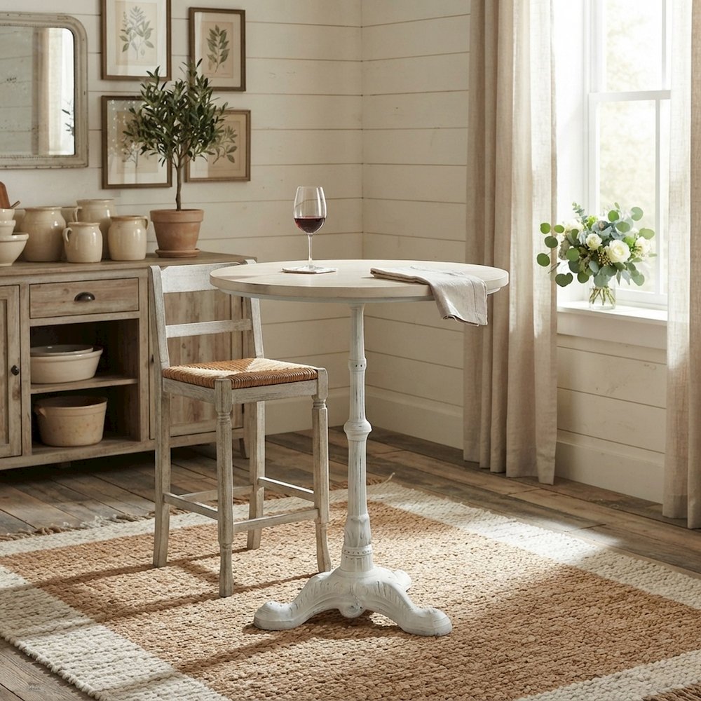 FurniFact Round Pub Table with Mango Wood Top and Cast Iron Base, Whitewash
