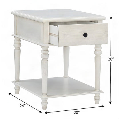 Turned-Leg Rubberwood and MDF Farmhouse Side Table with Storage Drawer, White