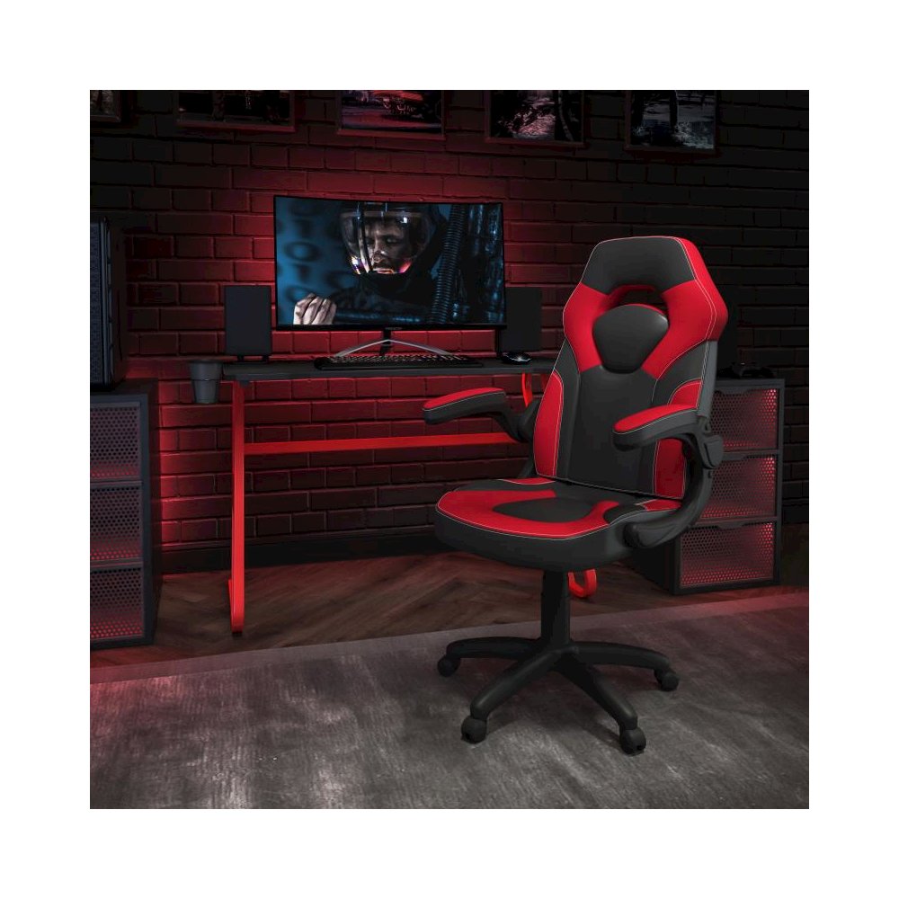 Red Gaming Desk and Red/Black Racing Chair Set with Cup Holder and Headphone Hook