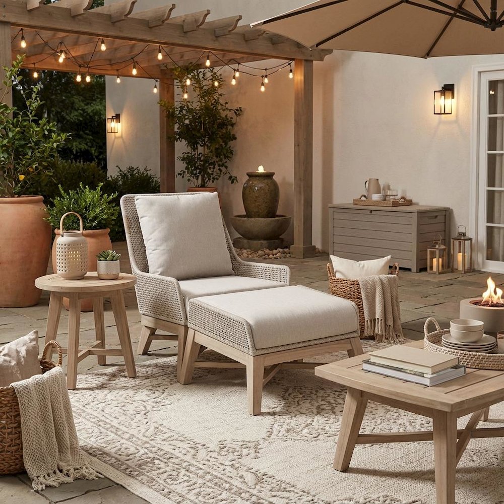 White Outdoor Footstool, Teak Base, Rope Weave, Removable Cushion
