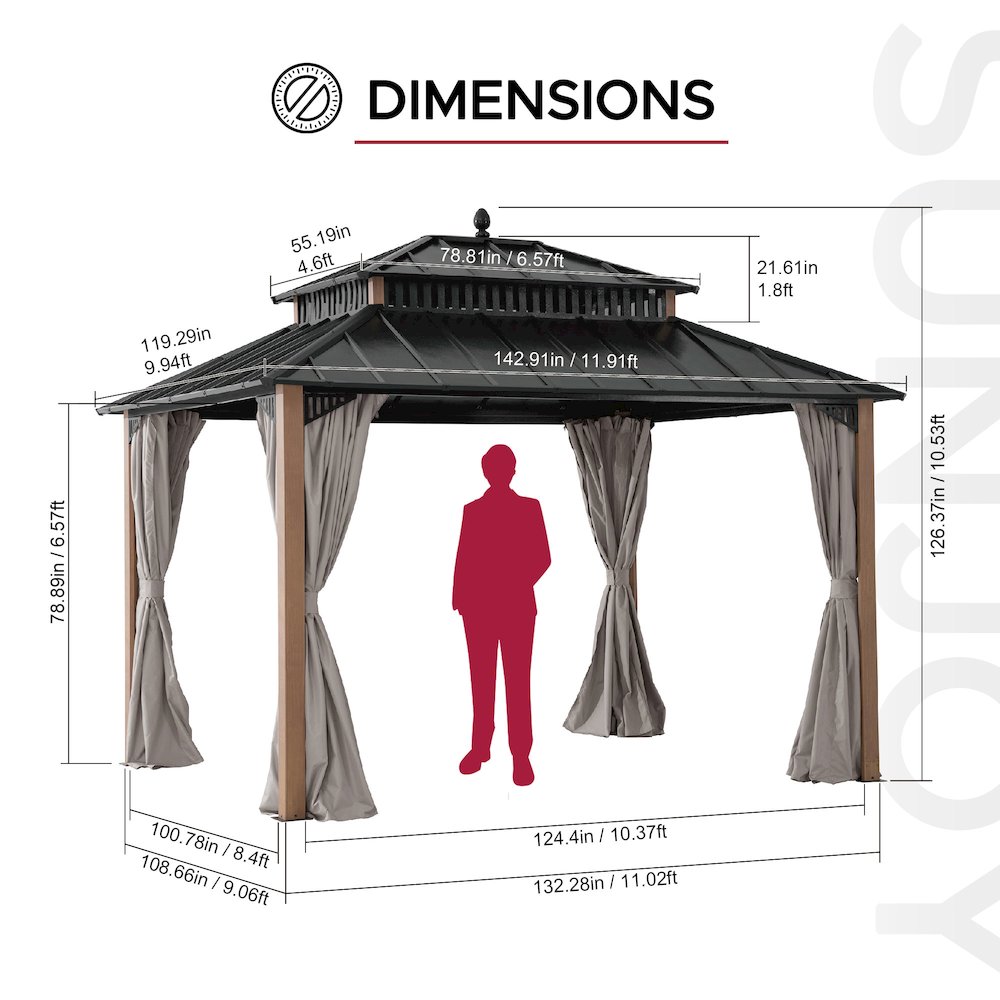 12 ft x 10 ft Hardtop Gazebo with Steel Roof, Woodgrain Aluminum Frame