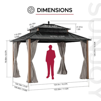 12 ft x 10 ft Hardtop Gazebo with Steel Roof, Woodgrain Aluminum Frame