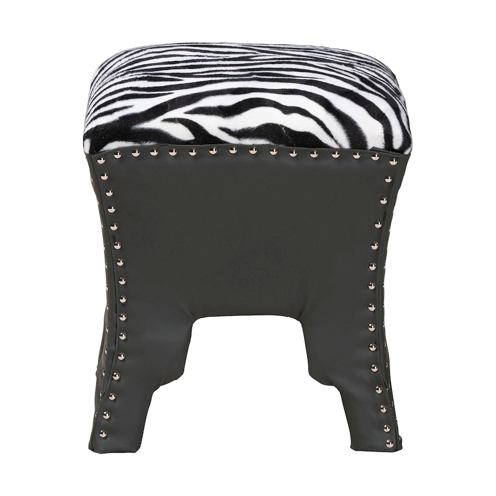 Zebra-print Patterned Fabric Brown Faux Leather Upholstered Accent Stool