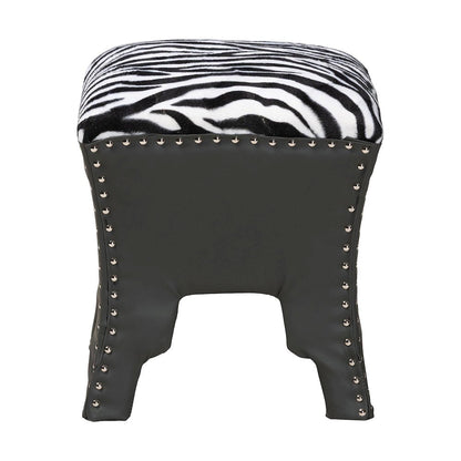 Zebra-print Patterned Fabric Brown Faux Leather Upholstered Accent Stool