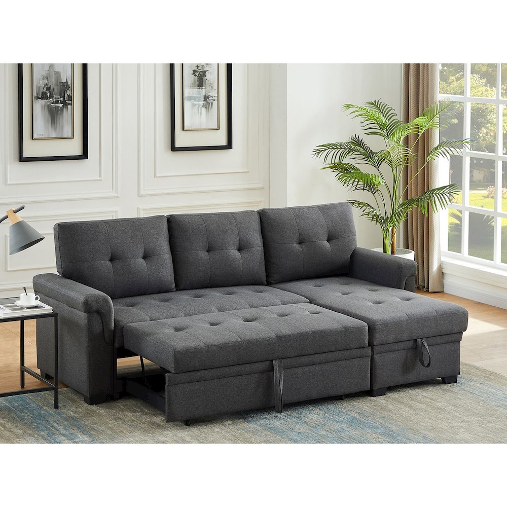 Lucca Dark Gray Linen Reversible Sleeper Sectional Sofa with Storage Chaise
