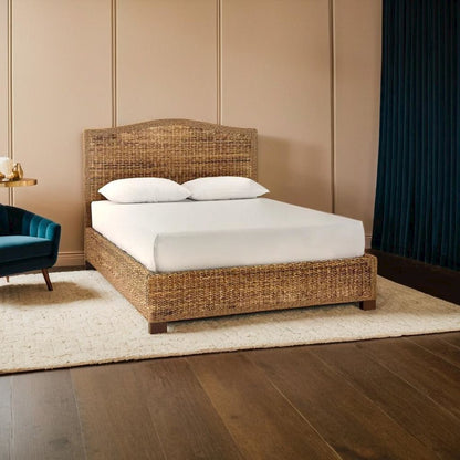 Charming Queen Bed Frame with Arched Headboard and Natural Brown Finish