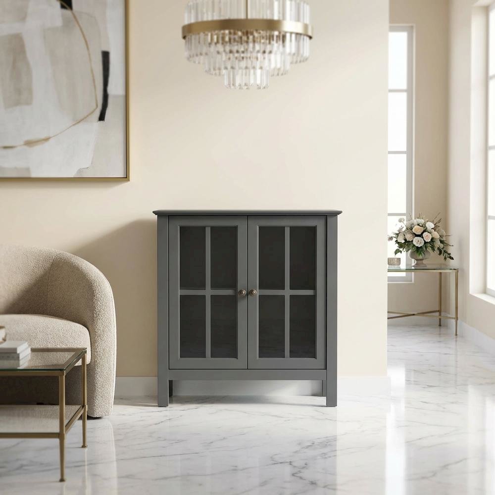 Dark Gray Glass Door Accent Cabinet with Fiberboard Construction