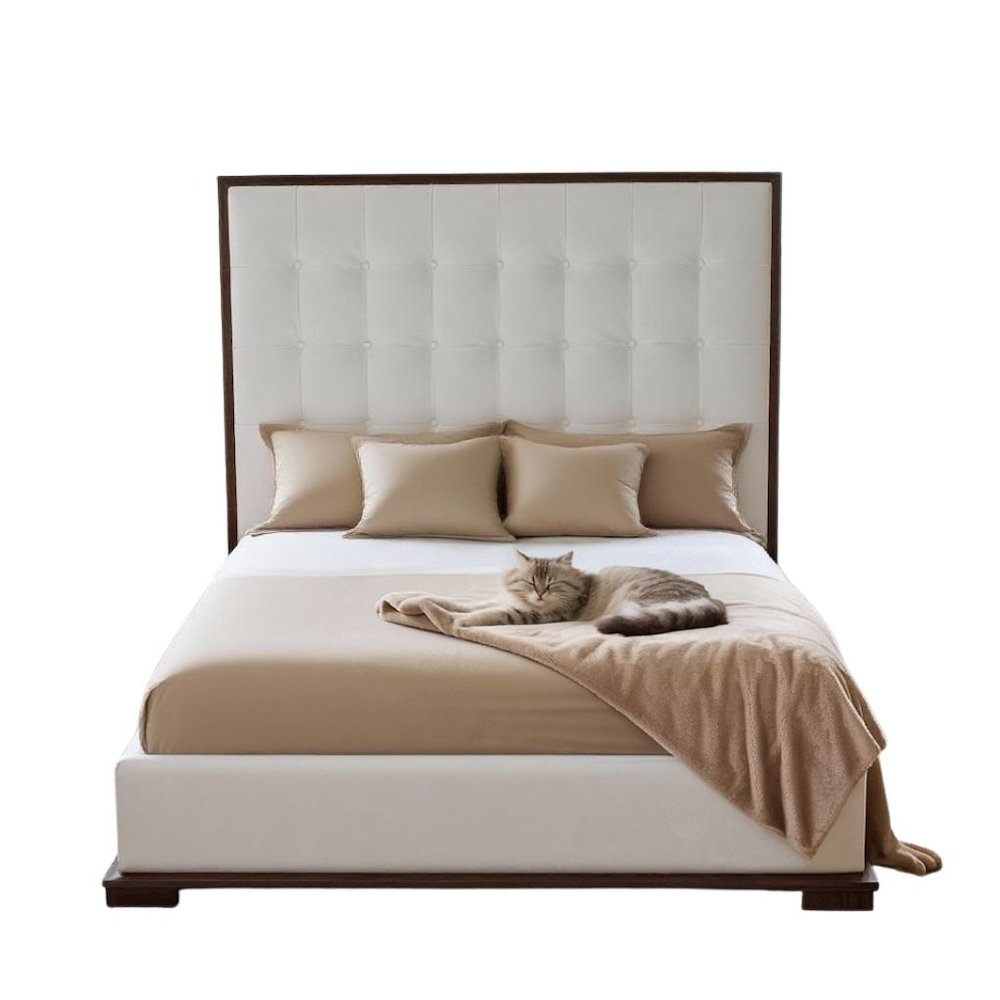 California King Bed Frame, White Faux Leather Low Profile Bed With Walnut