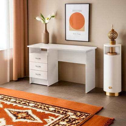 Sleek White Computer Desk with Three Drawers and Open Shelf for Storage
