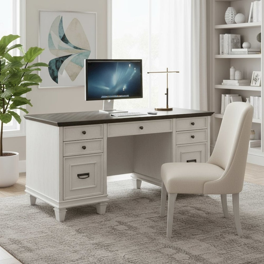 Wood Credenza, 4 Drawers, Printer Pullout, Power Center, White
