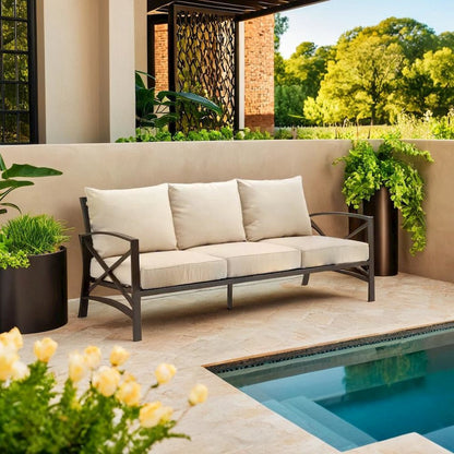 Stylish Outdoor Metal Sofa in Oatmeal and Oil Rubbed Bronze Finish