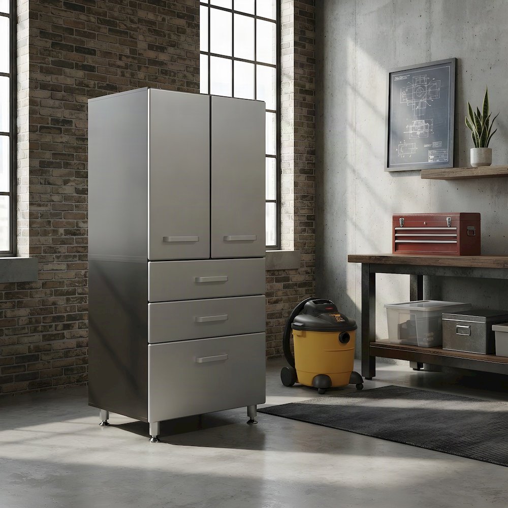 Black Vinyl Laminated Garage Storage Cabinet With 2 Doors And 3 Drawers