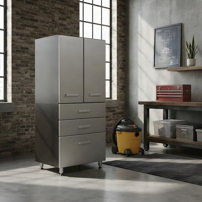 Black Vinyl Laminated Garage Storage Cabinet With 2 Doors And 3 Drawers
