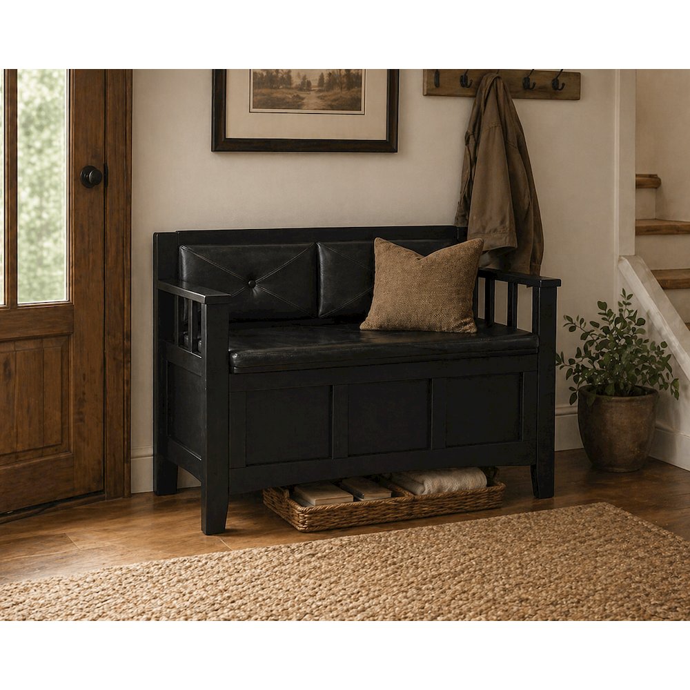 Padded Bench in Black Faux Leather with Wooden Frame and Cushioned Seat