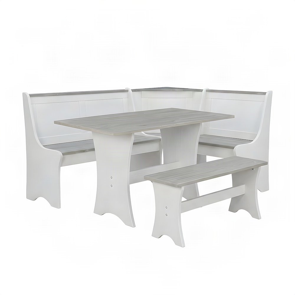 Solid Pine Corner Breakfast Nook Banquette Set with Storage Benches, White
