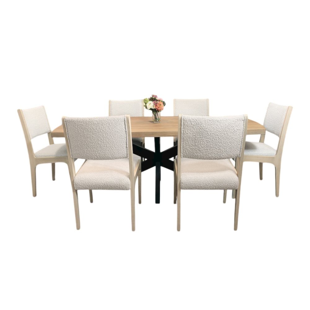 Logan 82" Dining Table, with 6 Ash Ivory Boucle Dining Chairs