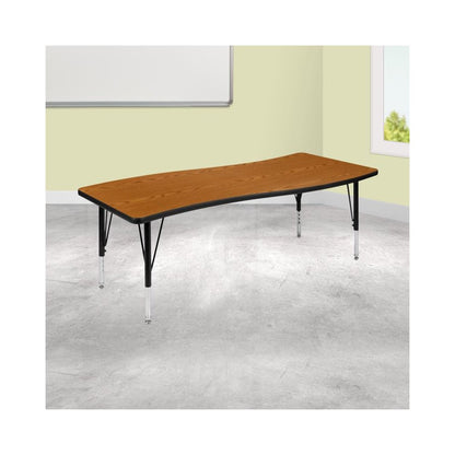 26"W x 60"L Rectangular Wave Flexible Collaborative Oak Thermal Laminate Activity Table - Height Adjustable Short Legs