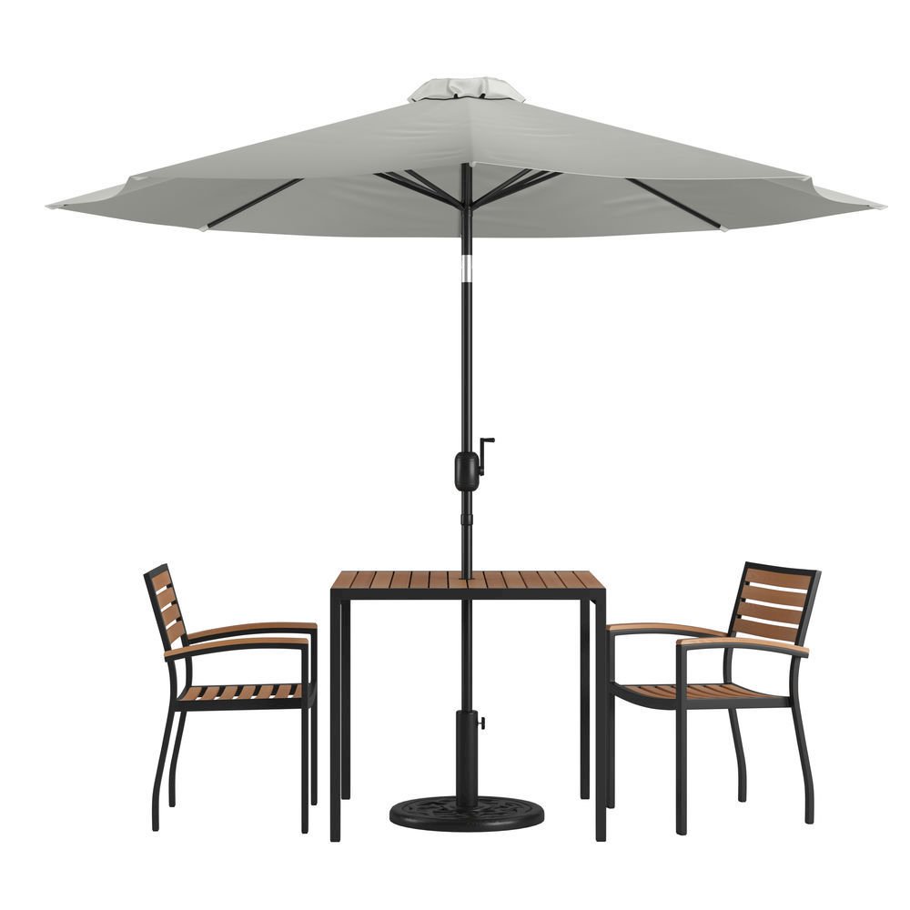 3 Piece Outdoor Patio Table Set - 35" Square Synthetic Teak Patio Table with Gray Umbrella and Base