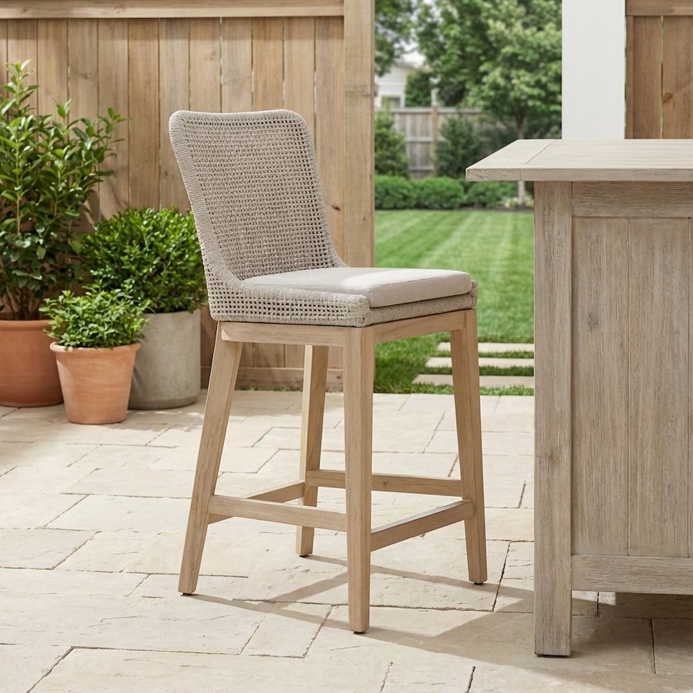 White Outdoor Counter Stool, Teak Base, Rope Weave, Metal Footrest