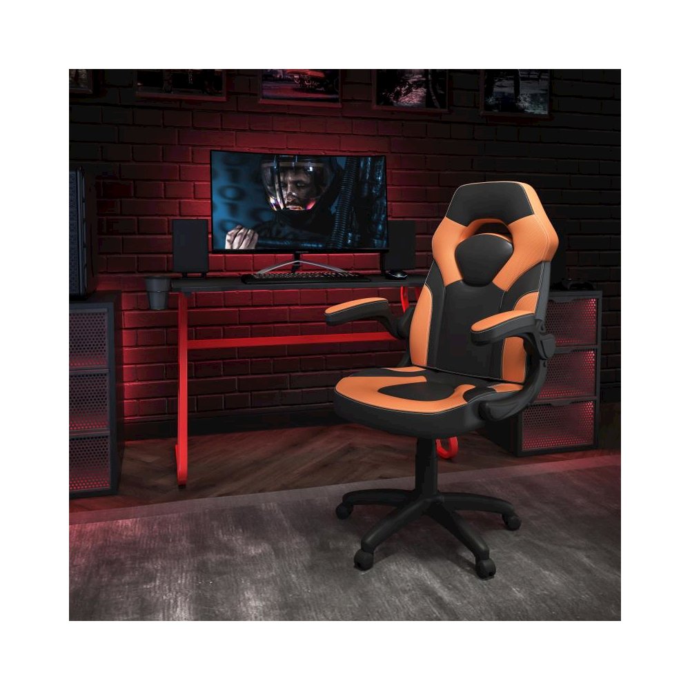 Red Gaming Desk and Orange/Black Racing Chair Set with Cup Holder and Headphone Hook