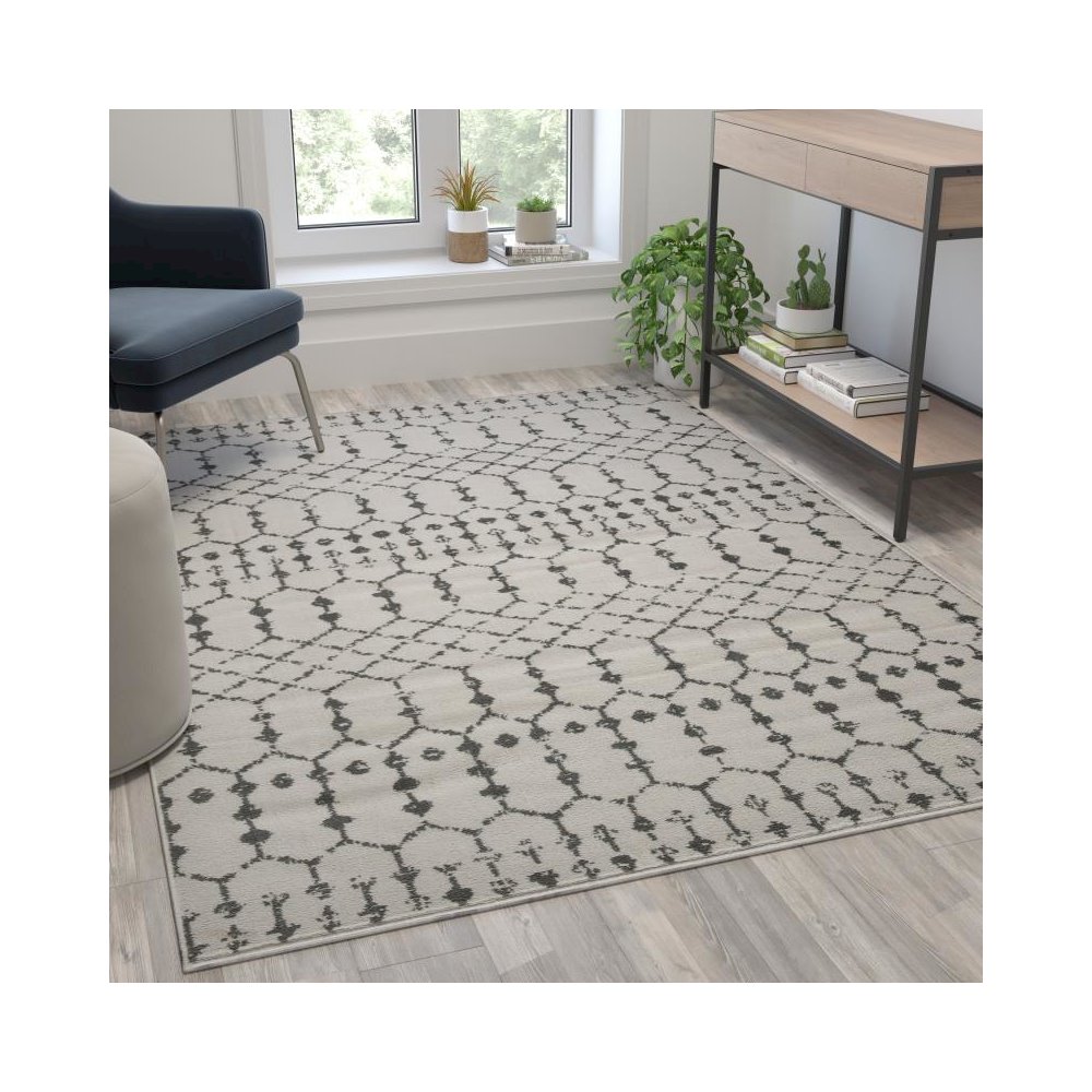 Geometric Bohemian Low Pile Rug - 5' x 7' -Ivory/Gray Polyester