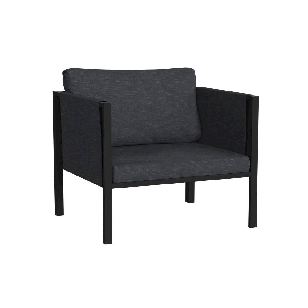 Indoor/Outdoor Patio Chair with Cushions - Modern Steel Framed Chair with Storage Pockets, Black with Charcoal Cushions