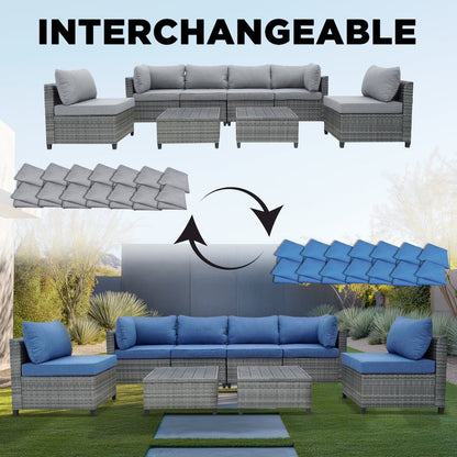 8 Piece Gray Outdoor Sectional Wicker Sofa Chairs and Tables